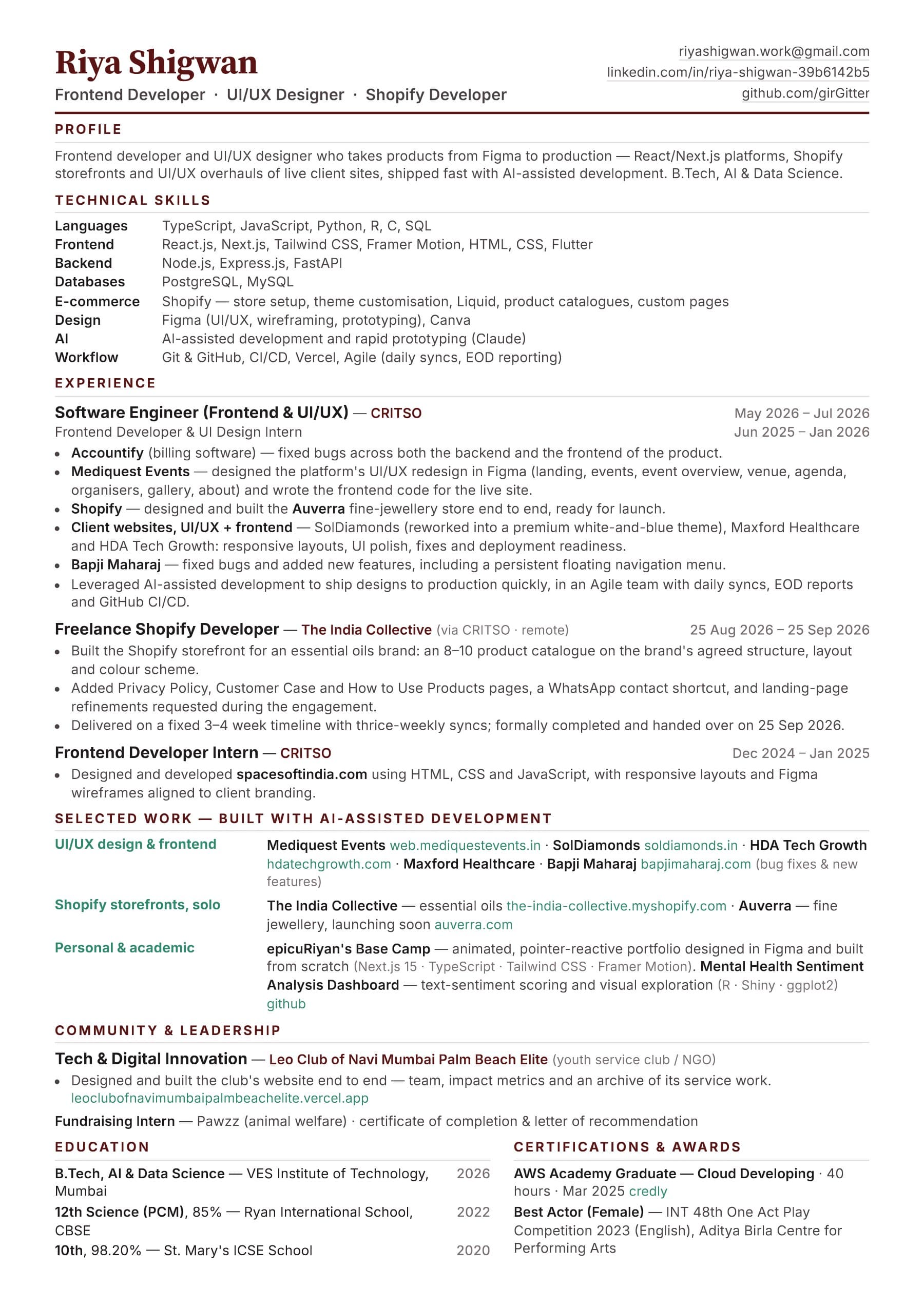 Preview of Riya Shigwan's résumé